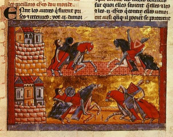 sisters of Queen Antiope jousting against Theseus and Hercules, from a 13th century Jerusalem manuscript now in the British Library